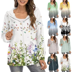 Women Fashion Loose Casual Thin Zip Up Hoodie Jacket Drawstring Printed Long Sleeve Sweatshirts Autumn Winter Female Blouse