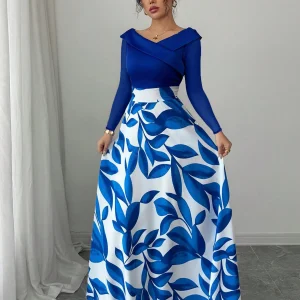 Blue White Satin Leaf Print Maxi Dress Boho Length Gown Perfect for Formal Occasions Trendy Looks